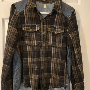 Free People Black and Brown Plaid Button-Down Shirt with denim on back